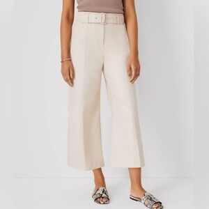 Ann Taylor size 12P The Faux Leather Belted Culotte Pant ankle wide leg cream